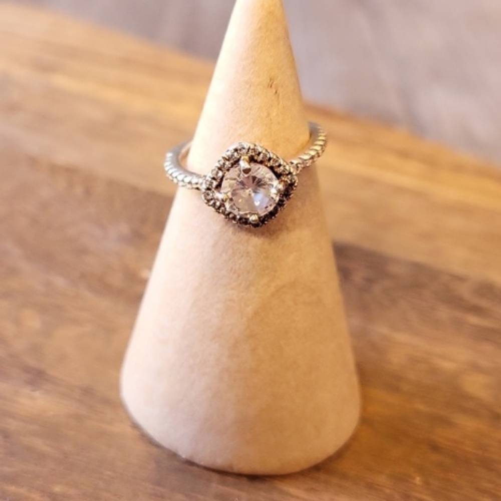 Vtg Gold Tone Engagement Ring, Clear Stone Halo Setting Pave Band, Size 4.25